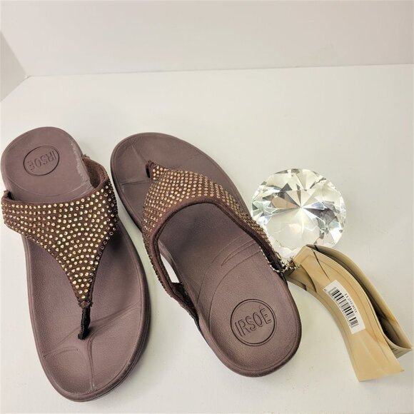 BROWN Size 8 Gold Crystal Women Sandals Wedge Heel Arch Support Comfy Flip Flops - Picture 4 of 15